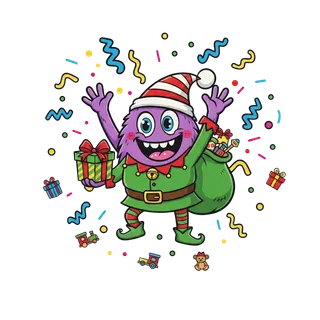Monstruo de Surprendo vestido de elfo con un saco de regalos