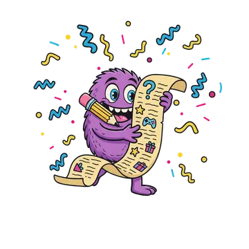 Monstruo de Surprendo leyendo un pergamino con las reglas del amigo invisible