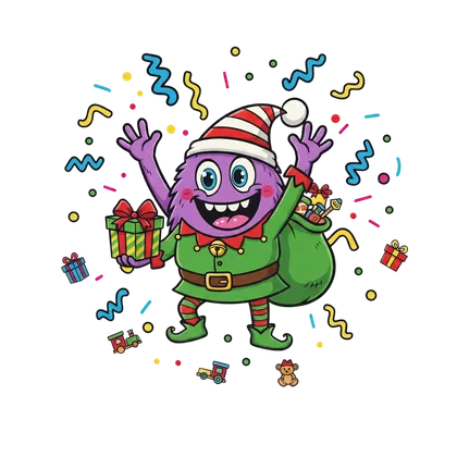 Monstruo de Surprendo vestido de elfo cargando un saco de regalos